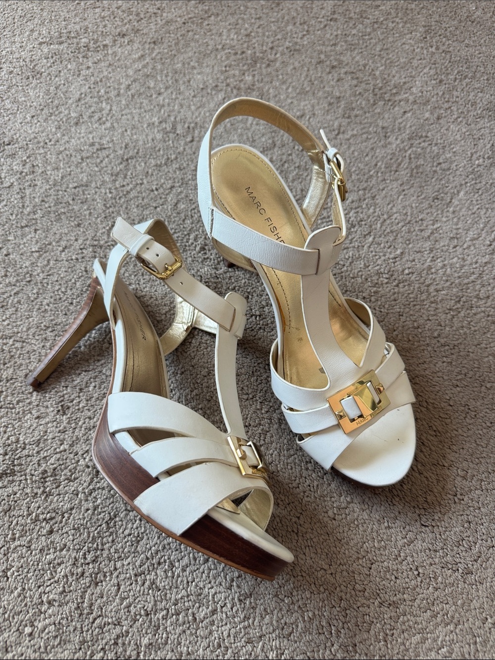Marc Fisher White Leather T-Strap Platform Heel Sandals with Gold Buckles